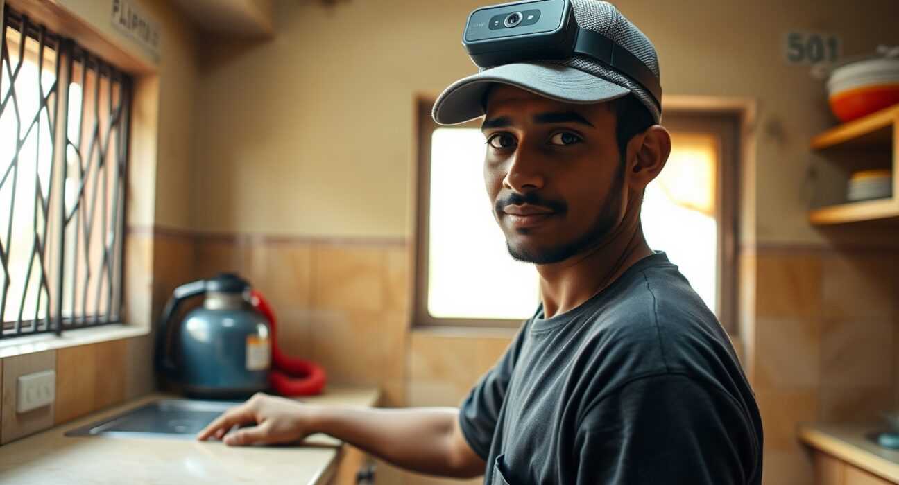 Indian home service worker wearing a camera-equipped cap for egocentric data collection to train AI robots