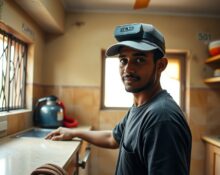 Indian home service worker wearing a camera-equipped cap for egocentric data collection to train AI robots