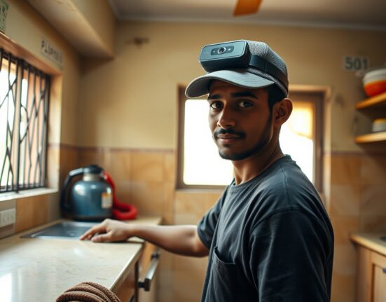 Indian home service worker wearing a camera-equipped cap for egocentric data collection to train AI robots