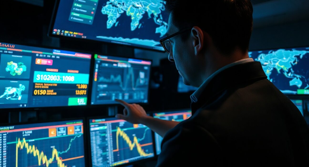 Cybersecurity analyst monitoring blockchain transaction tracking screens in a dark operations center