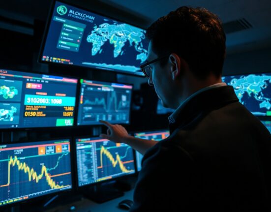 Cybersecurity analyst monitoring blockchain transaction tracking screens in a dark operations center