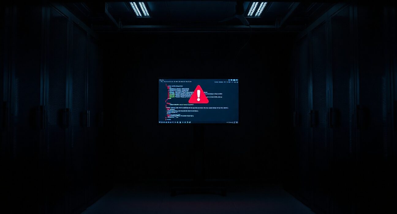 A glowing computer monitor in a dark server room displays a warning icon, representing the Humanity private key leak and hack.