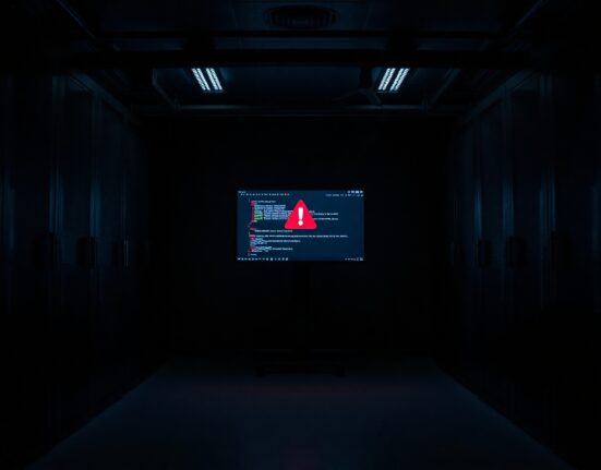 A glowing computer monitor in a dark server room displays a warning icon, representing the Humanity private key leak and hack.