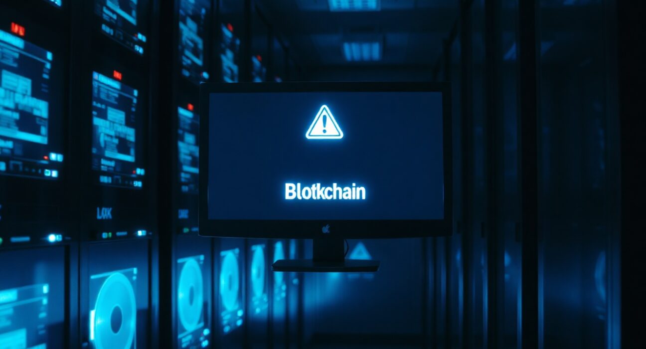 Blockchain transaction monitor in a dimly lit server room with a security alert icon visible on screen