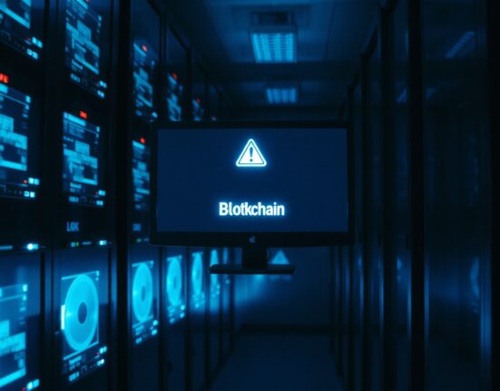 Blockchain transaction monitor in a dimly lit server room with a security alert icon visible on screen