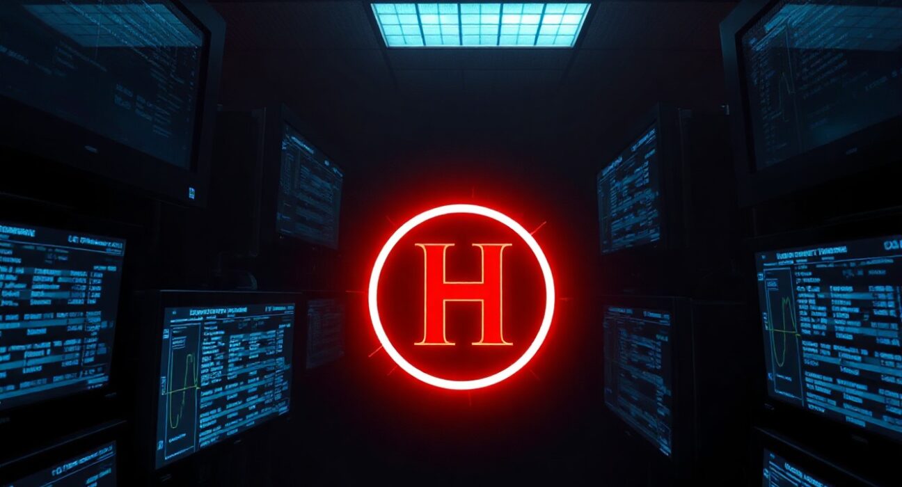 A server room with monitors displaying blockchain data and a warning icon over the H token symbol, representing the ongoing Humanity hack.