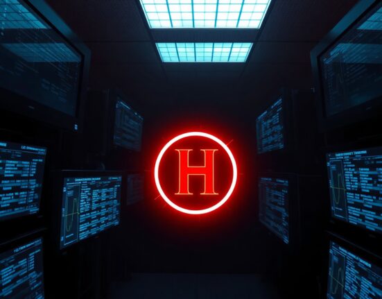 A server room with monitors displaying blockchain data and a warning icon over the H token symbol, representing the ongoing Humanity hack.