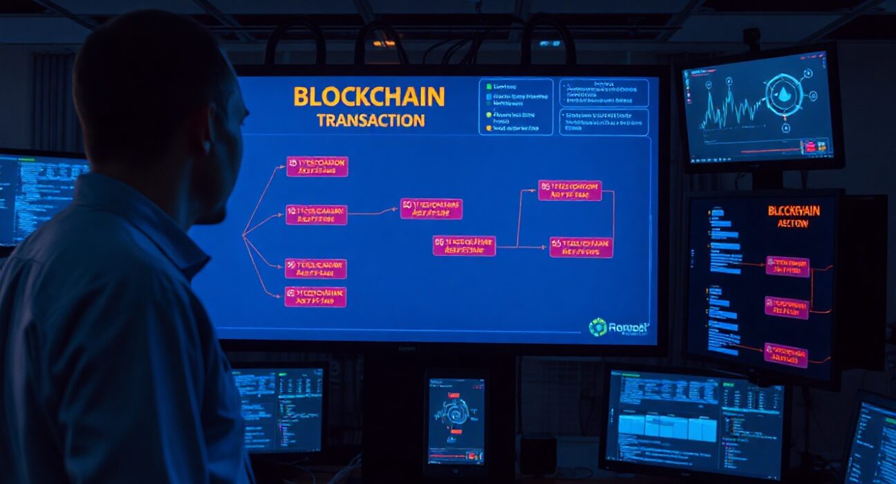 Cybersecurity investigator analyzing blockchain transaction alerts in a command center