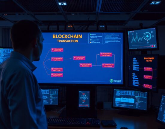Cybersecurity investigator analyzing blockchain transaction alerts in a command center
