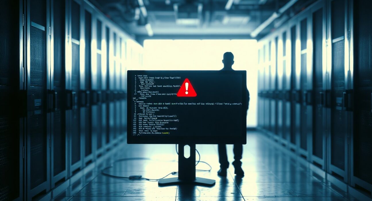 Server room monitor showing security breach alert during Humanity Protocol exploit