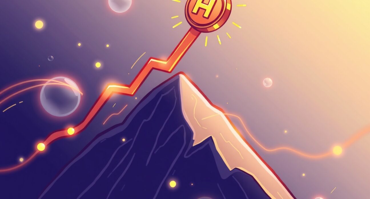 A cartoon illustration showing a vibrant graph surging upwards, representing the Humanity Protocol (H) token's impressive 138% price surge in the crypto market.
