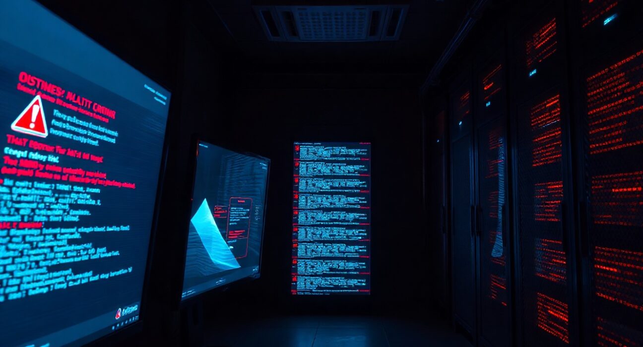 Server room monitors displaying wallet exploit warning alerts during ongoing crypto hack