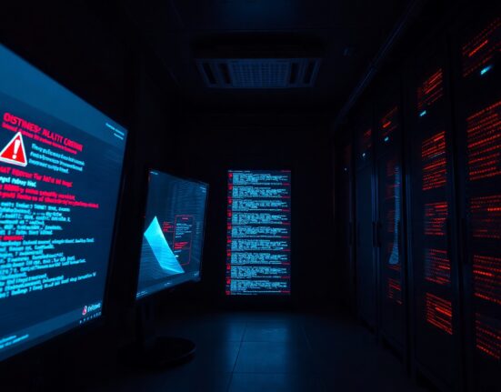 Server room monitors displaying wallet exploit warning alerts during ongoing crypto hack