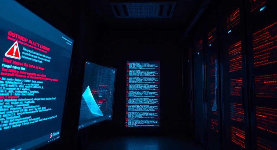 Server room monitors displaying wallet exploit warning alerts during ongoing crypto hack