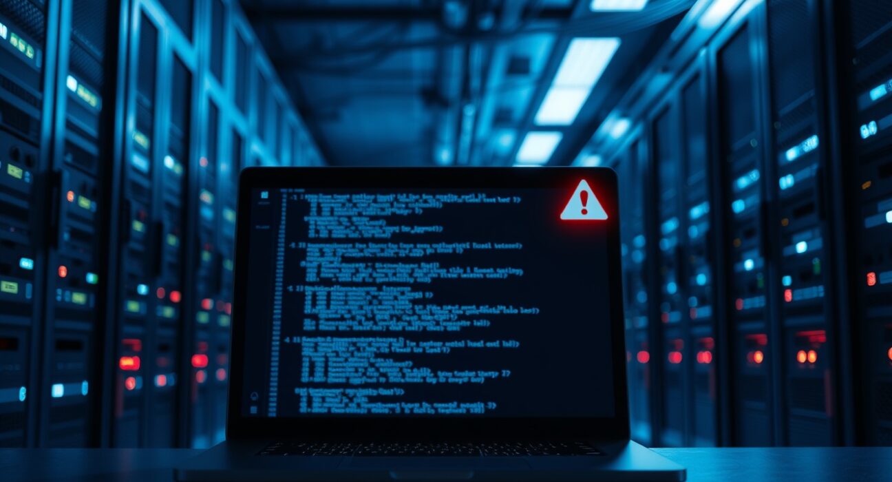 Dimly lit server room with a laptop showing code and a red warning icon, representing a cybersecurity breach.