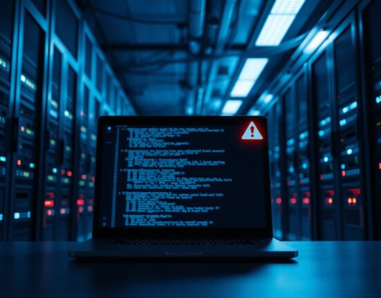 Dimly lit server room with a laptop showing code and a red warning icon, representing a cybersecurity breach.