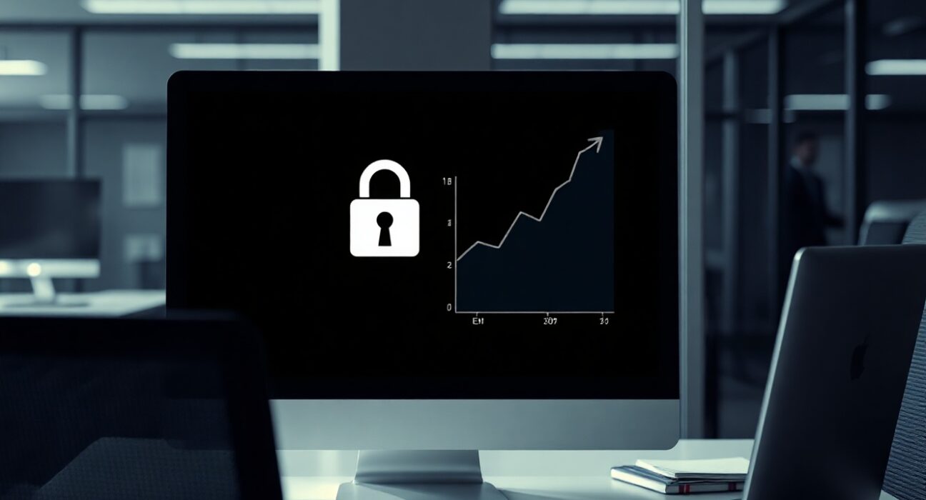 Computer screen displaying a security report with a padlock and an upward trending price graph.