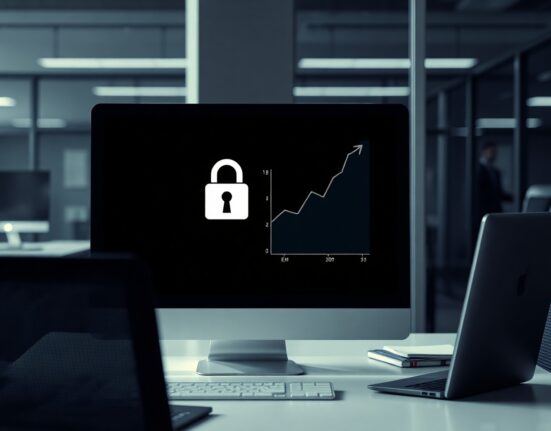 Computer screen displaying a security report with a padlock and an upward trending price graph.