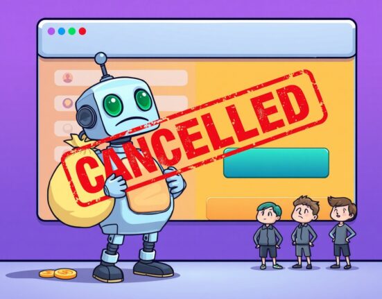 Cartoon of a robot dominating a cancelled HumidiFi token sale, highlighting fairness issues.