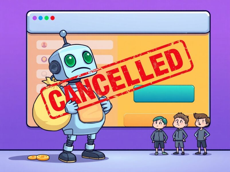 Cartoon of a robot dominating a cancelled HumidiFi token sale, highlighting fairness issues.