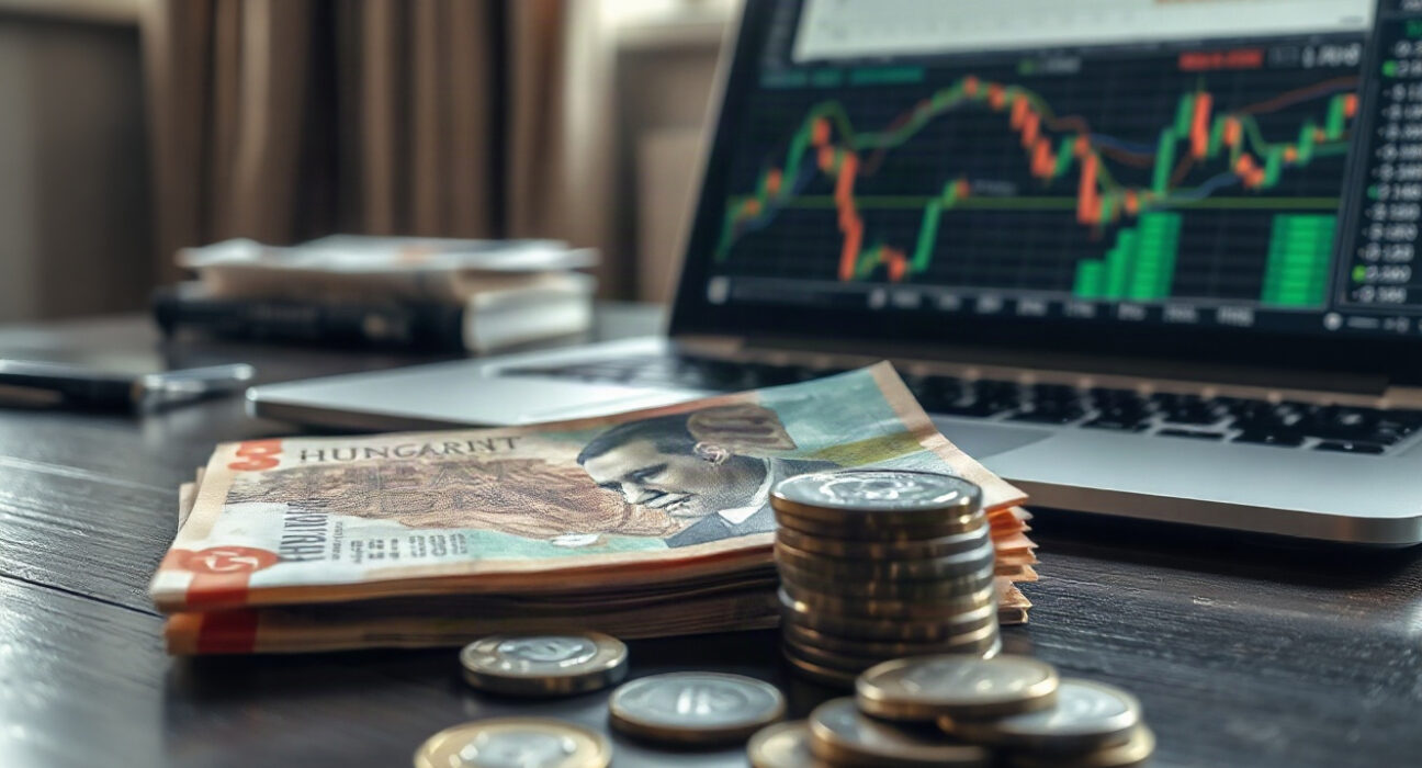 Hungarian forint banknotes and coins with a laptop showing financial charts in the background