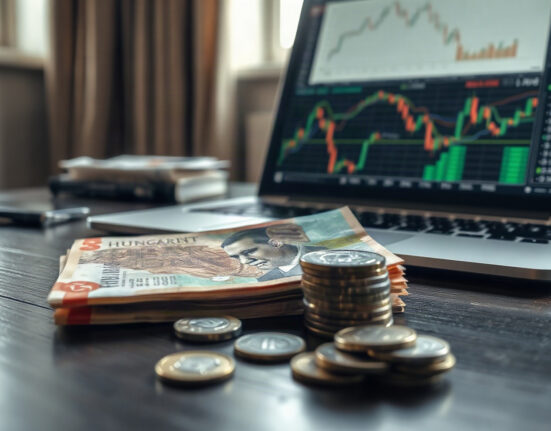 Hungarian forint banknotes and coins with a laptop showing financial charts in the background