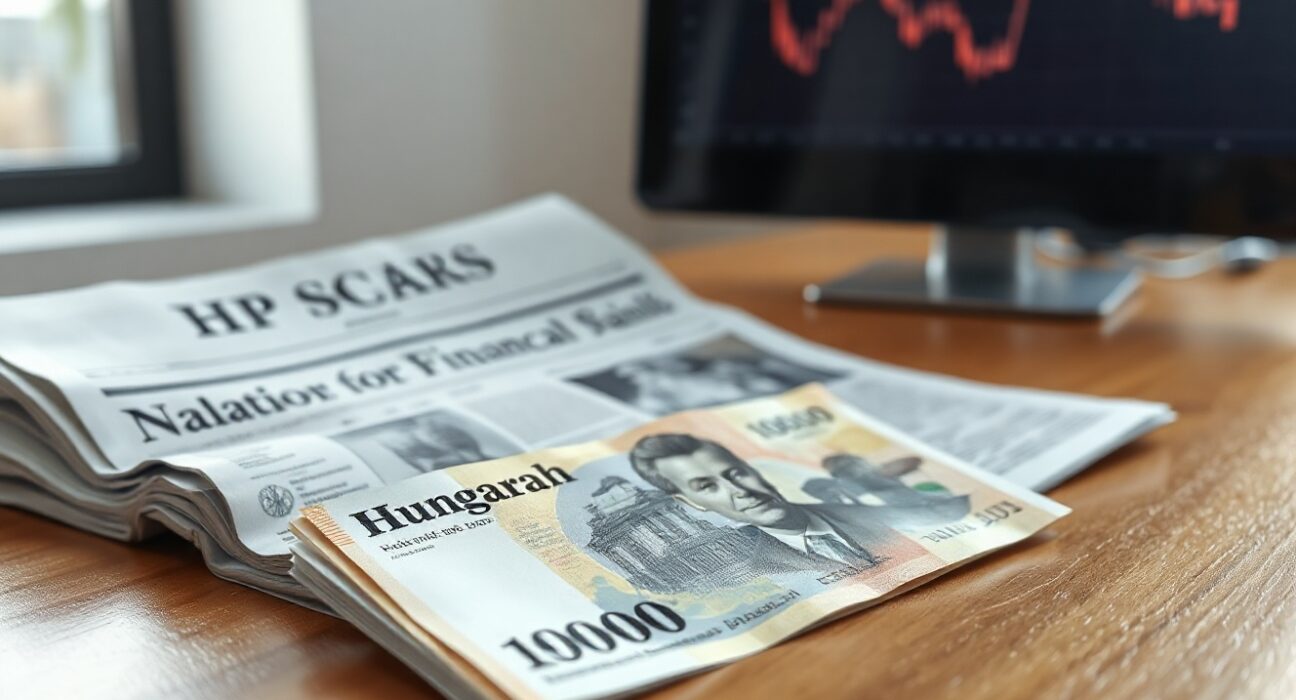 Hungarian Forint banknote and financial newspaper with inflation chart on a desk