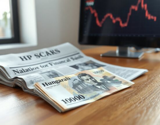 Hungarian Forint banknote and financial newspaper with inflation chart on a desk