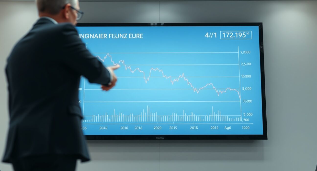 Financial analyst pointing at Hungarian forint exchange rate chart on a screen in a newsroom.