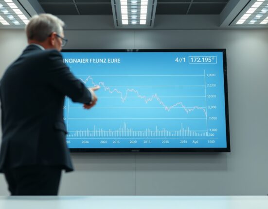 Financial analyst pointing at Hungarian forint exchange rate chart on a screen in a newsroom.