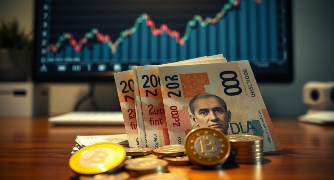 Hungarian forint banknotes and euro coins on a table with a financial chart in the background