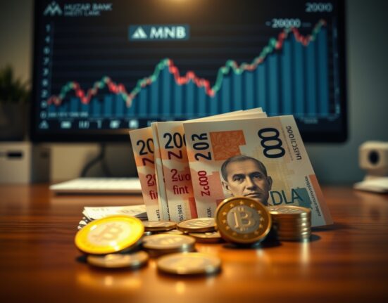 Hungarian forint banknotes and euro coins on a table with a financial chart in the background