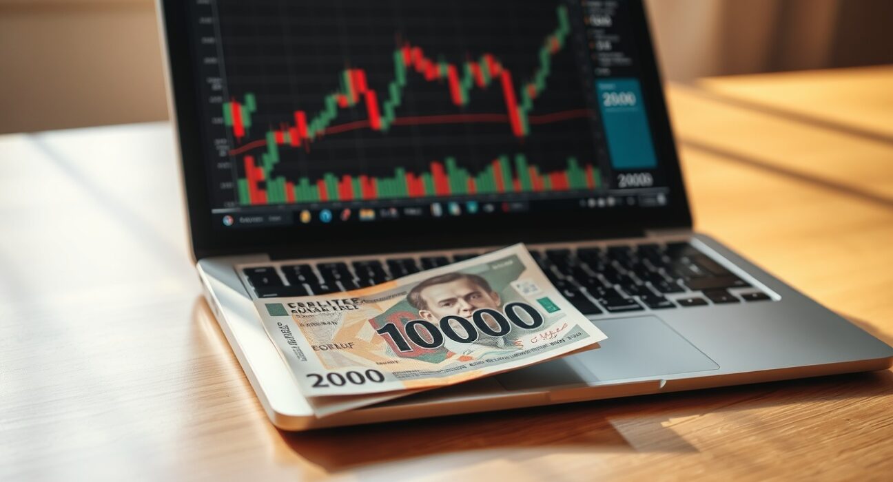 Hungarian Forint banknote on desk with financial chart on laptop screen