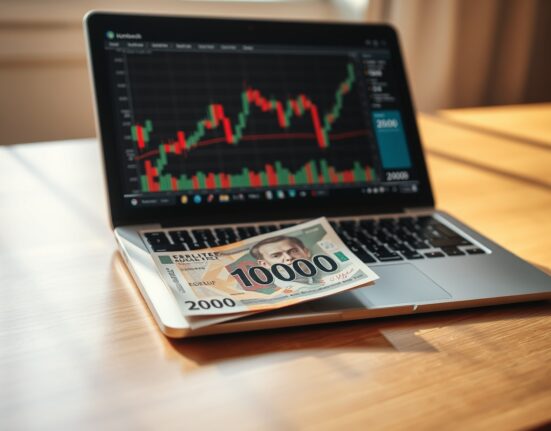 Hungarian Forint banknote on desk with financial chart on laptop screen