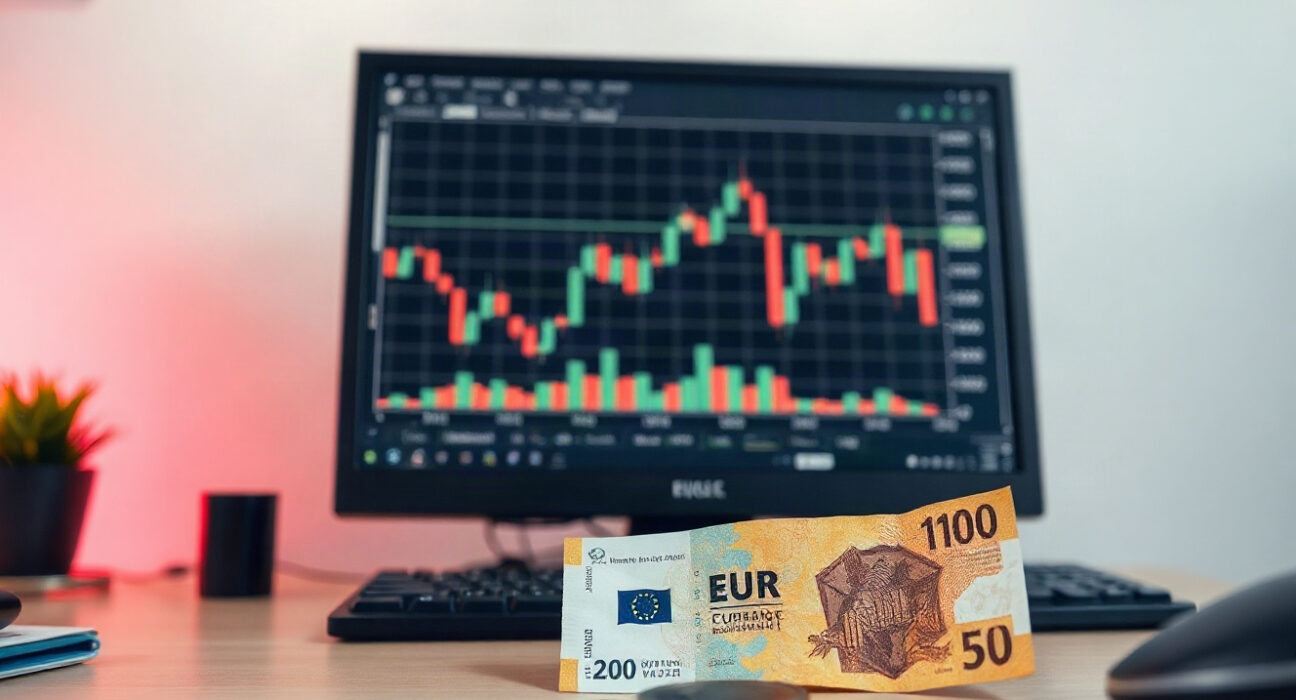EUR/HUF trading chart on a screen with Hungarian forint banknotes and a euro coin on a desk