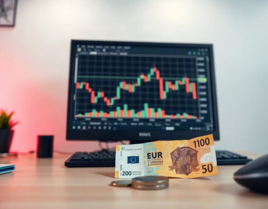 EUR/HUF trading chart on a screen with Hungarian forint banknotes and a euro coin on a desk