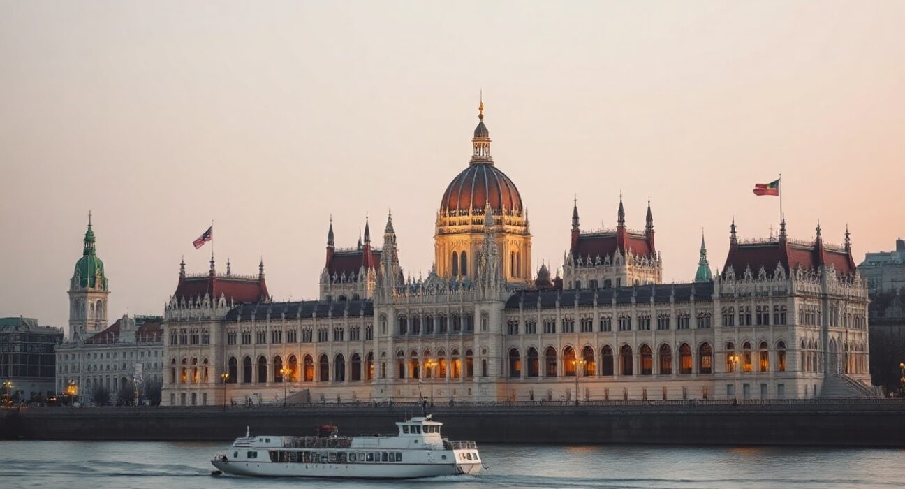 Hungarian Parliament building in Budapest at dusk with calm Danube River