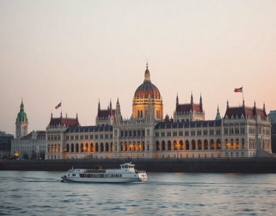 Hungarian Parliament building in Budapest at dusk with calm Danube River