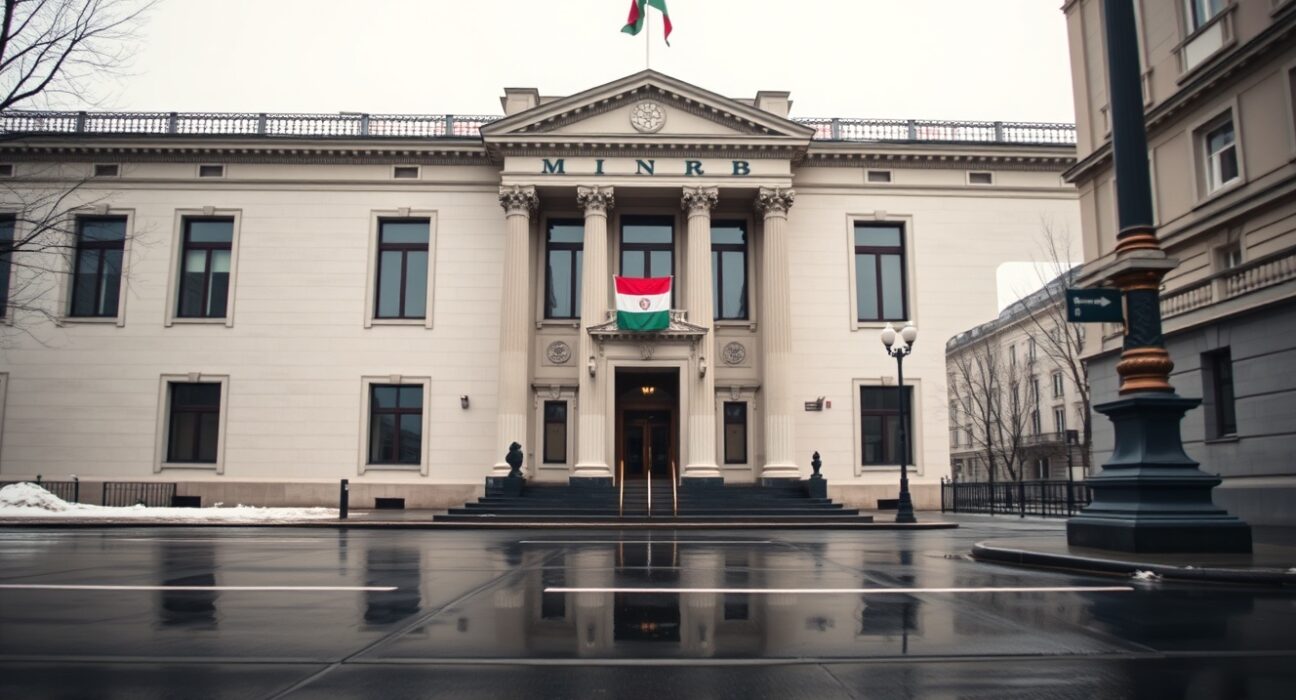 Hungarian National Bank building in Budapest under overcast sky, symbolizing monetary policy shift.