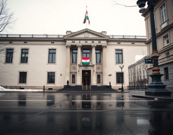 Hungarian National Bank building in Budapest under overcast sky, symbolizing monetary policy shift.