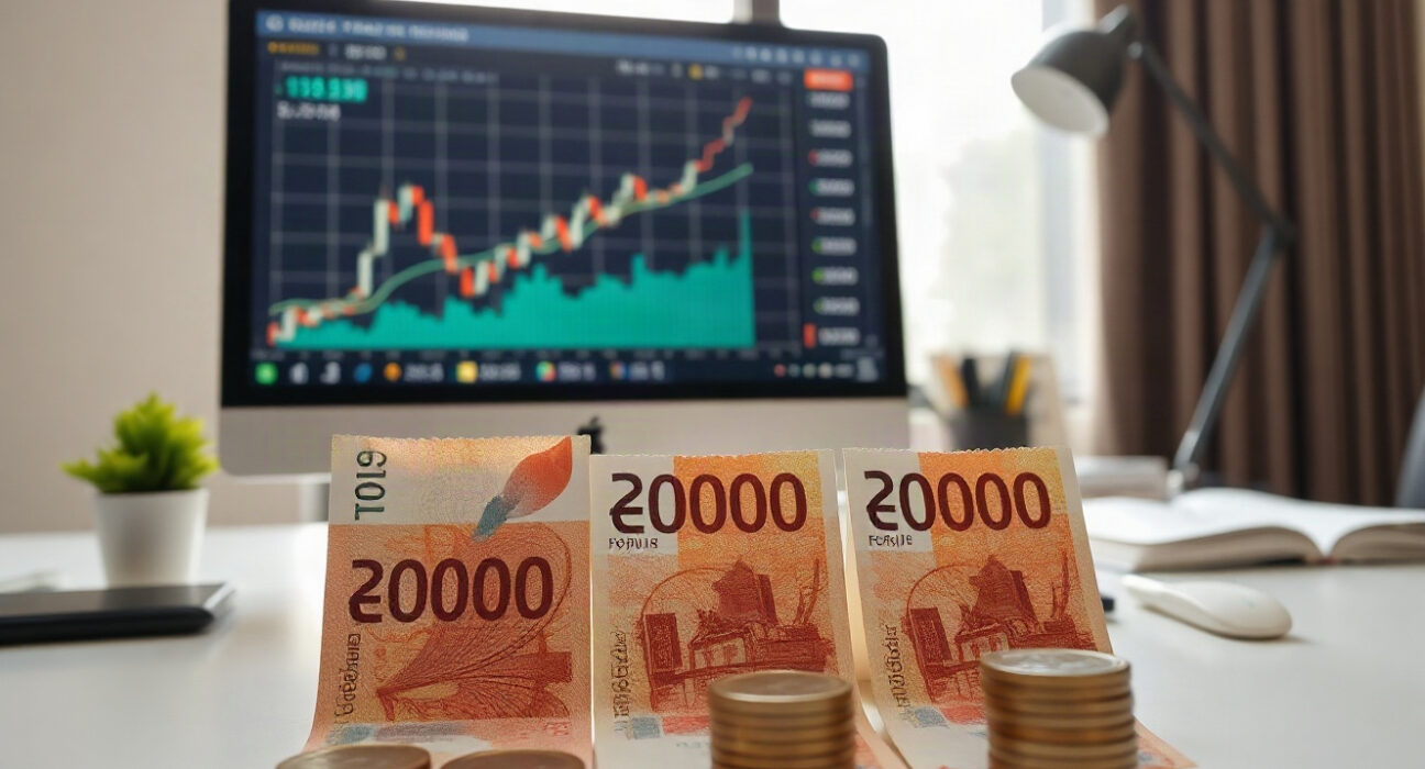 Hungarian forint banknotes and coins with a forex chart on a monitor
