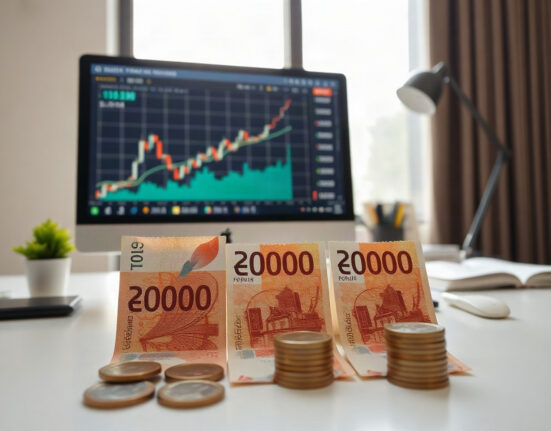 Hungarian forint banknotes and coins with a forex chart on a monitor