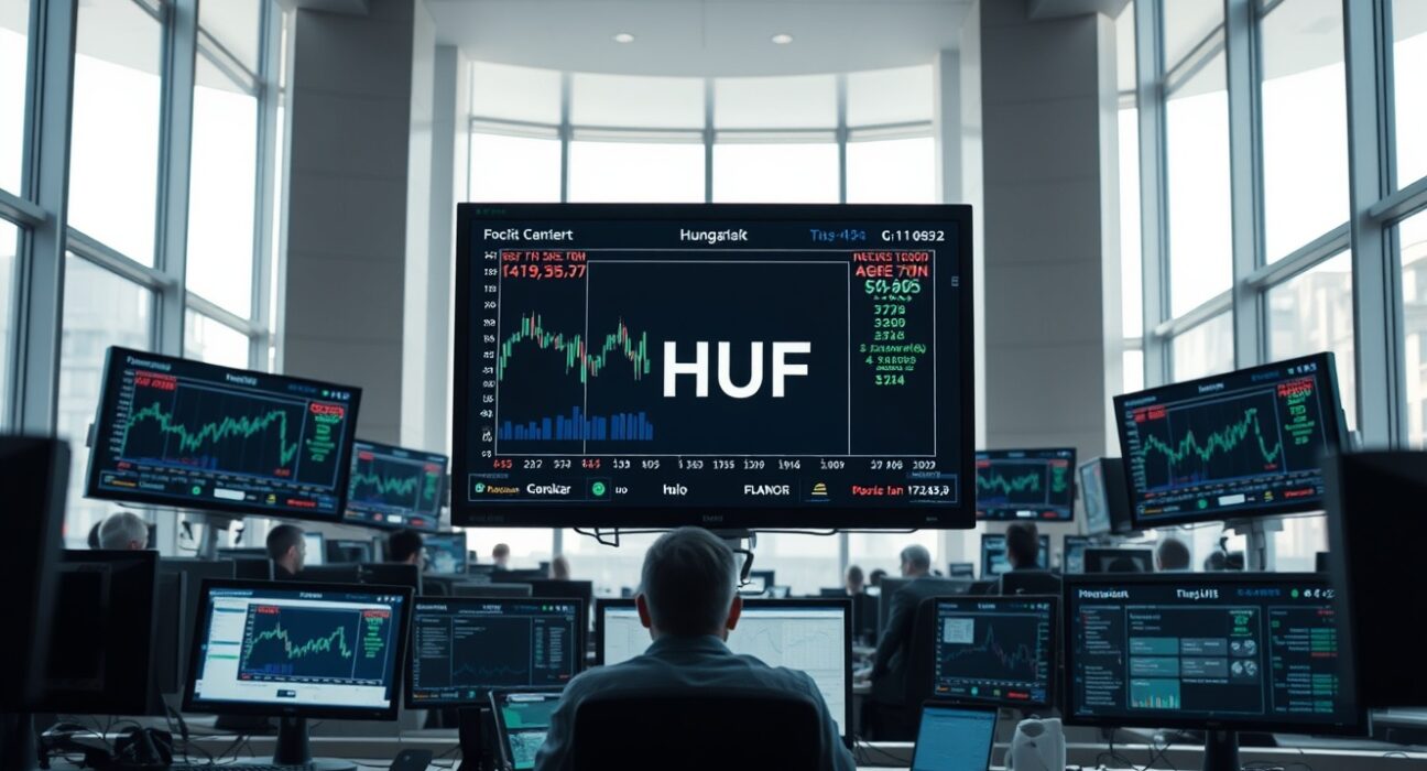 Central bank trading floor in Budapest with forint charts on monitors