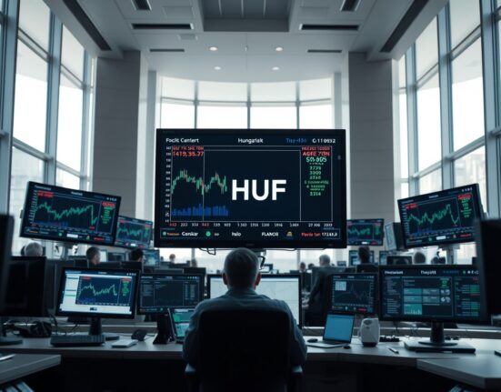 Central bank trading floor in Budapest with forint charts on monitors