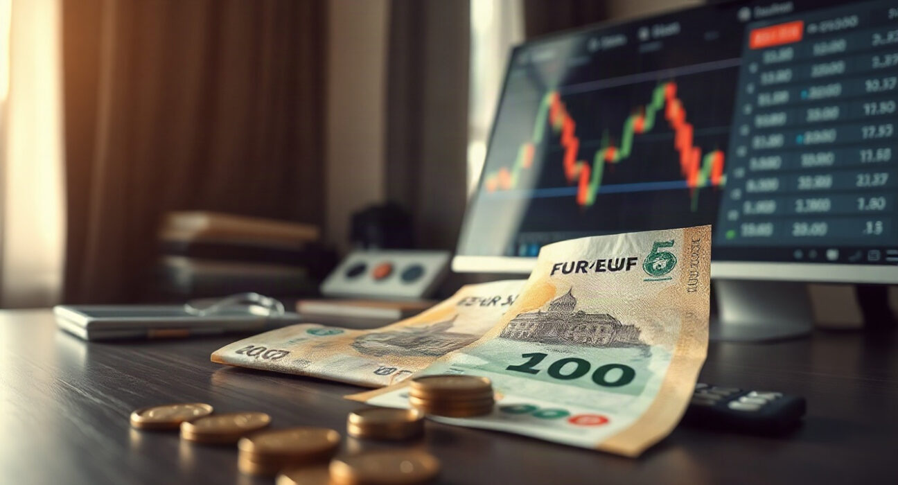 Hungarian forint banknotes and coins on a desk with a computer screen showing currency charts
