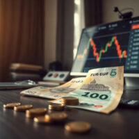 Hungarian forint banknotes and coins on a desk with a computer screen showing currency charts