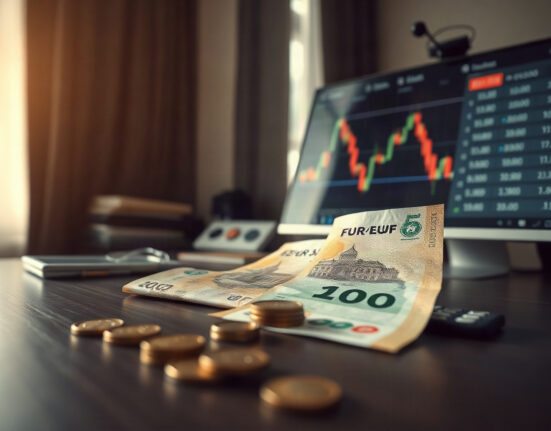 Hungarian forint banknotes and coins on a desk with a computer screen showing currency charts