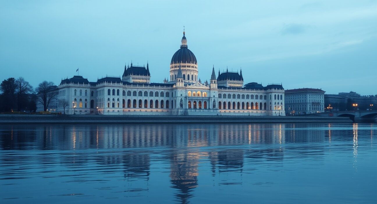 Hungarian Parliament building in Budapest at dusk, symbolizing economic and currency pressures.