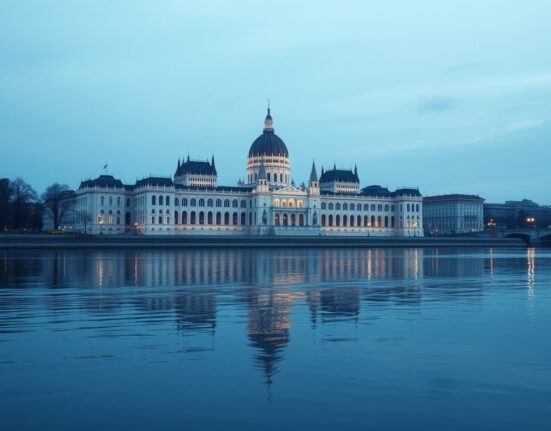 Hungarian Parliament building in Budapest at dusk, symbolizing economic and currency pressures.