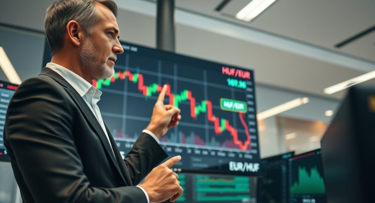 Financial analyst reviewing Hungarian forint exchange rate chart on digital screen